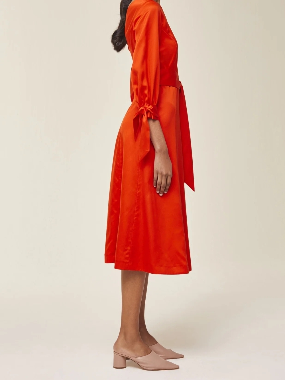 Ivy&Oak Orange Satin Midi Dress With Waist Tie View 3
